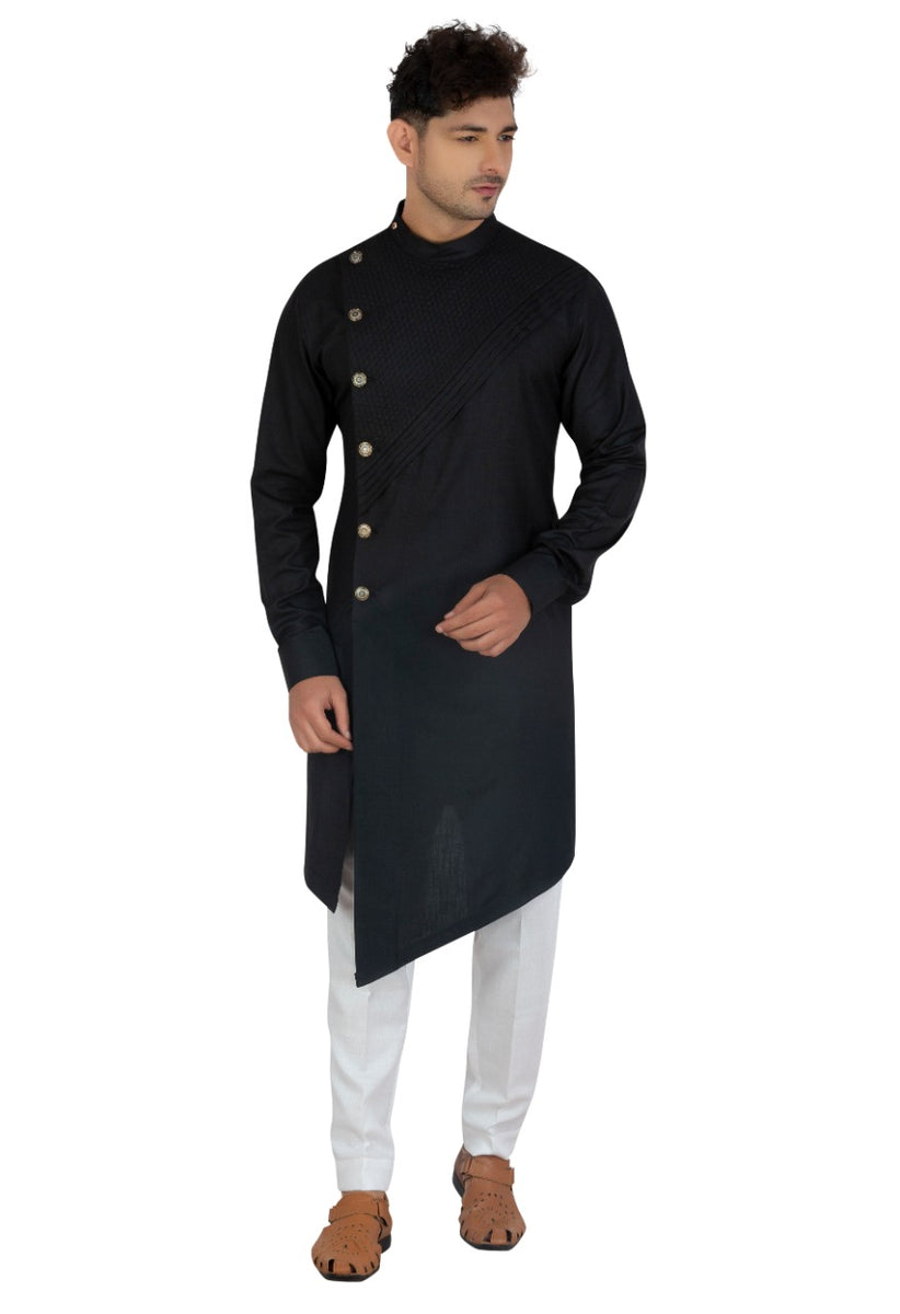 Available Man Side Slit Cut Long Black Kurta Navastrani Boutique