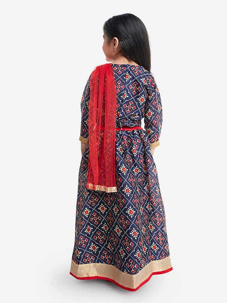 [Available] Navy Printed Floral Lengha & Red Dupatta [0.6M to 10yrs]