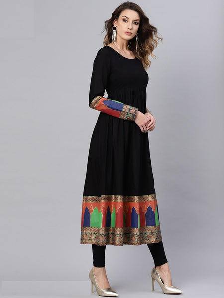 [Available] Anarkali in Black with Colourful Border Design (Size XXL)