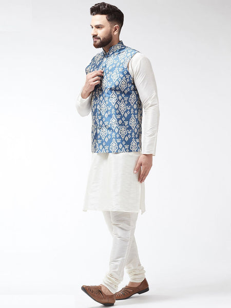 [Available] Off-White Kurta & Pants with Blue Nehru Jacket Set