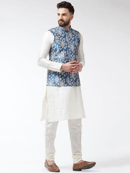 [Available] Off-White Kurta & Pants with Blue Nehru Jacket Set
