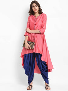 [Available] Peach Slit Cut Design Kurta with Royal Blue Dhoti Pants Set
