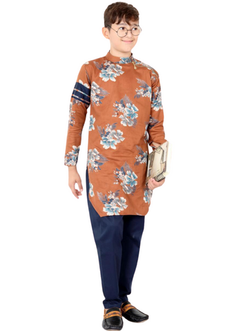 Boys Orange Floral Print Designer Kurta Set [Pre-Order]