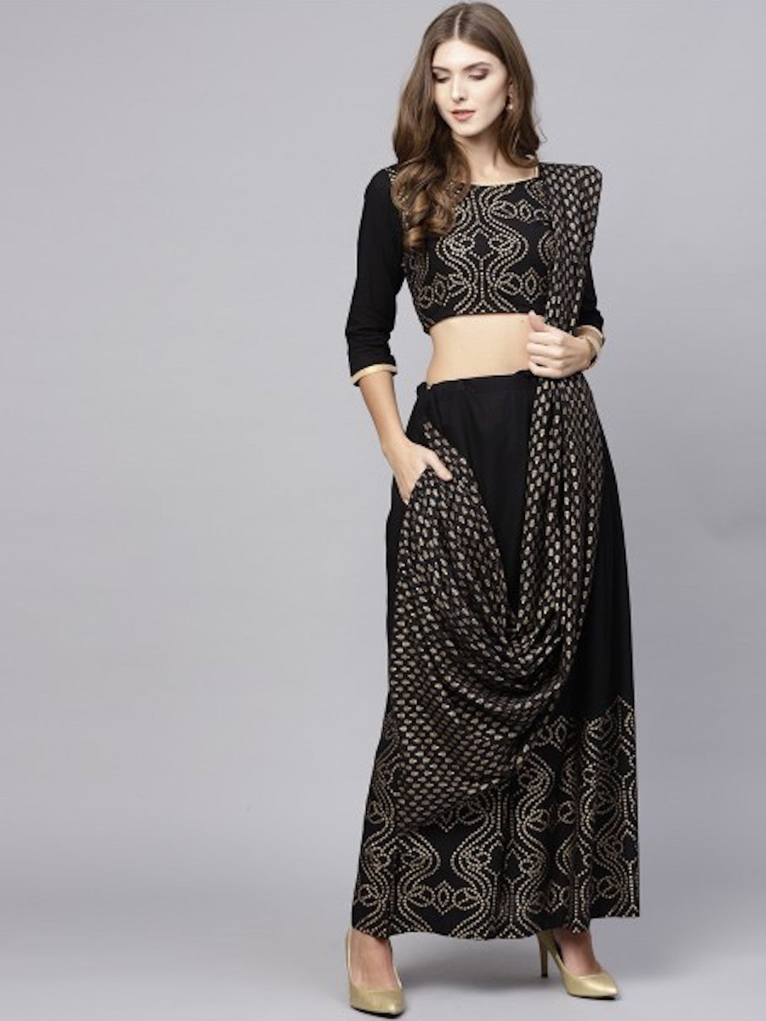 [SOLDOUT] Designer Black Saree with Palazzo [Free Size]
