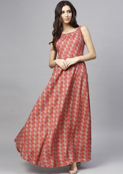 [Sold Out] Red & Beige Sleeveless Maxi Dress