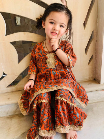 [Available] Girls Orange-Brown Sharara Set [Ages 0 to 6]