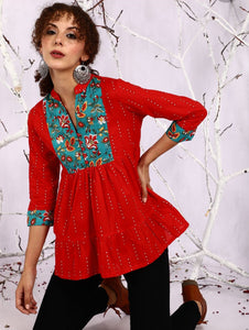 [Available] Floral Print Red Kurti Top