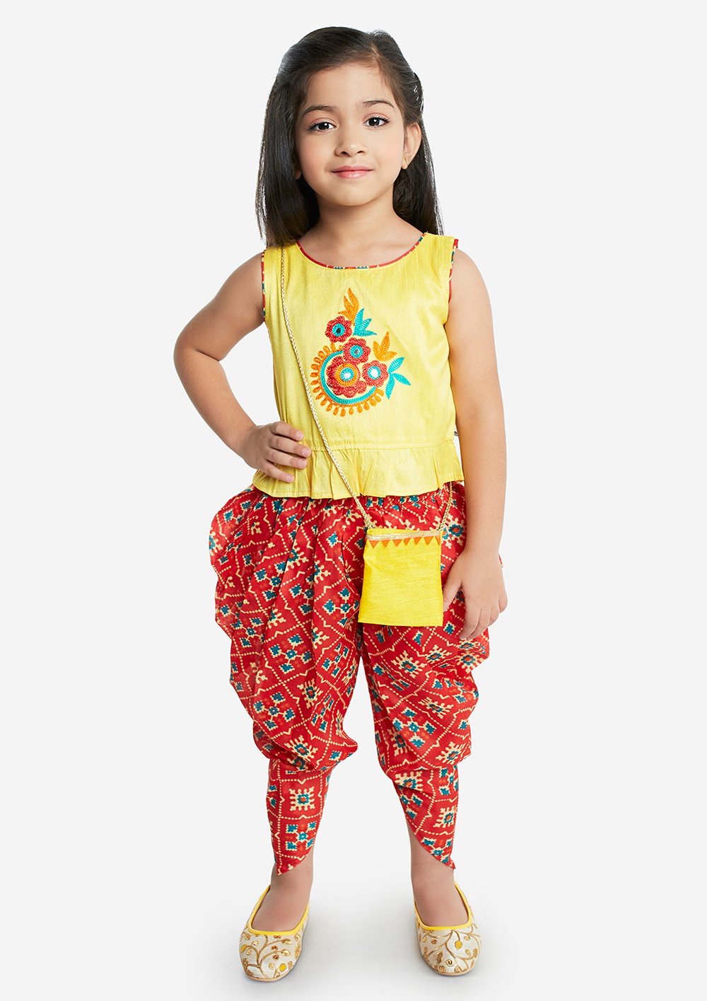 [Pre-Order] Yellow Floral Top And Red Dhoti Pants