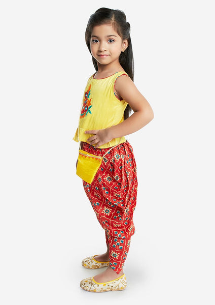 [Pre-Order] Yellow Floral Top And Red Dhoti Pants
