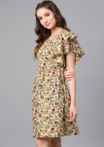 Beige & Maroon Floral Printed Frilled Dress [SoldOut]