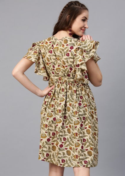 Beige & Maroon Floral Printed Frilled Dress [SoldOut]