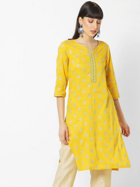 [Available] Yellow Kurta with Floral Prints