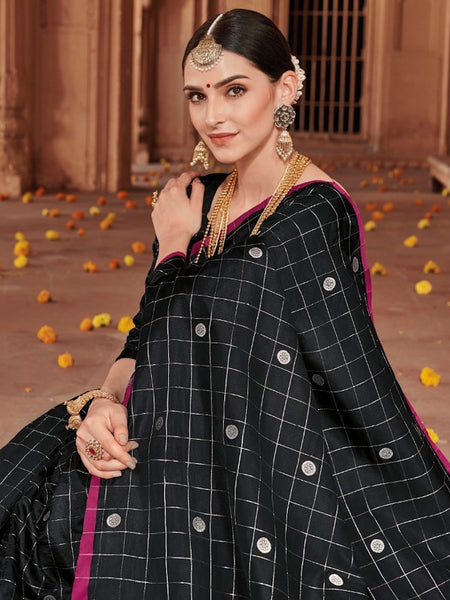 Mami Collections: Black Checkered Soft Silk Saree with Rich Silver Pallu Blouse [Available]