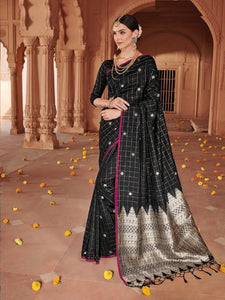 Mami Collections: Black Checkered Soft Silk Saree with Rich Silver Pallu Blouse [Available]