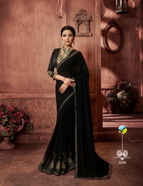 Party Wear : Black Embroidered Saree with Designer Blouse [Available]