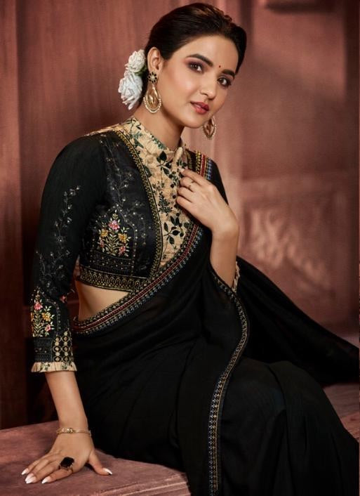 Party Wear : Black Embroidered Saree with Designer Blouse [Available]