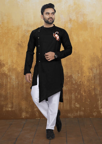 [Available] Men's Cross Style Black Kurta with Embroidery Set
