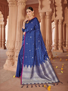 Mami Collections: Blue Checkered Soft Silk Saree with Rich Silver Pallu Blouse [SOLDOUT]
