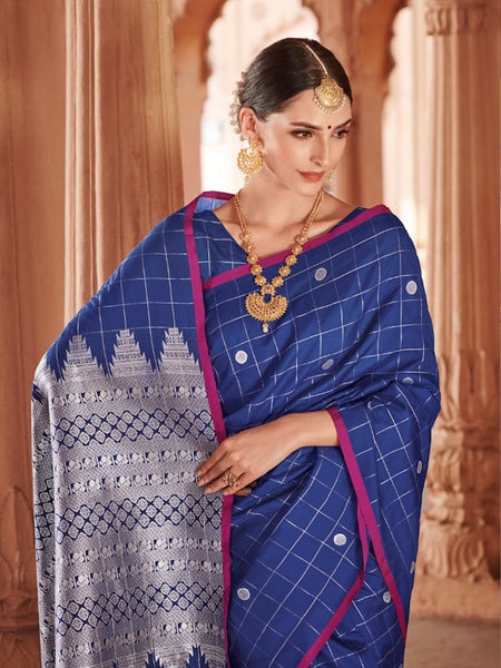 Mami Collections: Blue Checkered Soft Silk Saree with Rich Silver Pallu Blouse [SOLDOUT]