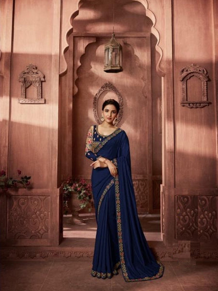 Party Wear : Navy Blue Embroidered Saree with Designer Blouse [Available]