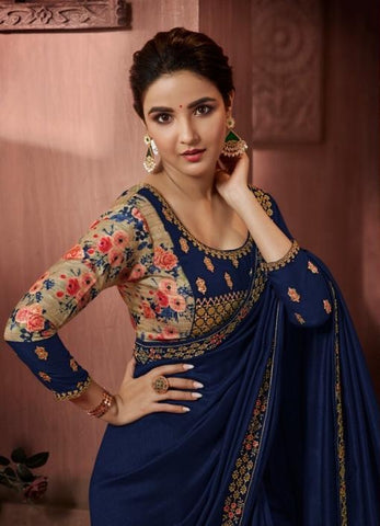 Party Wear : Navy Blue Embroidered Saree with Designer Blouse [Available]