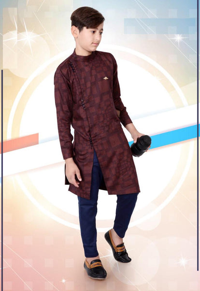 Boys Brown Printed Designer Kurta Set [Pre-Order]