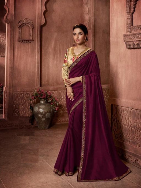 Party Wear : Burgundy Embroidered Saree with Designer Blouse [SOLDOUT]