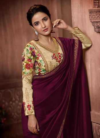 Party Wear : Burgundy Embroidered Saree with Designer Blouse [SOLDOUT]