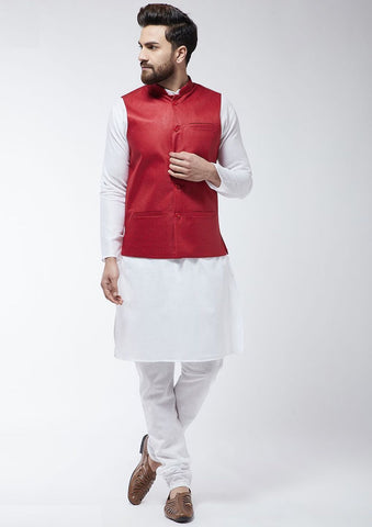 Red and White Nehru Jacket Suit
