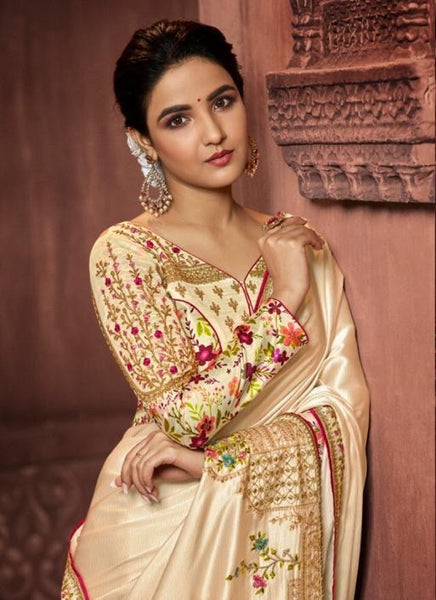 Party Wear : Embroidered Cream Saree with Designer Blouse [SOLDOUT]