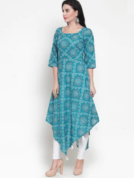 [Available] Green Asymmetric Kurta with White Tassels [sizes: up to 5XL]
