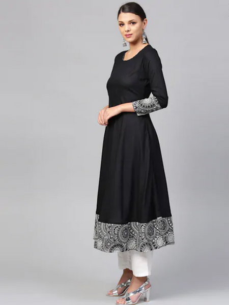 [Available] Black Anarkali with Block Printed Border [sizes: up to 6XL]