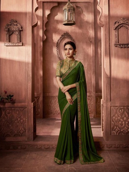 Party Wear : Embroidered Green Saree with Designer Blouse [Available]