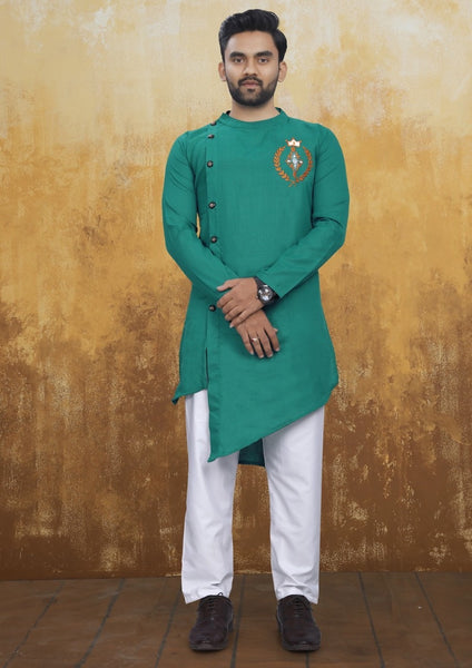 Men's Cross Style Green Kurta with Embroidery [Pre-Order]