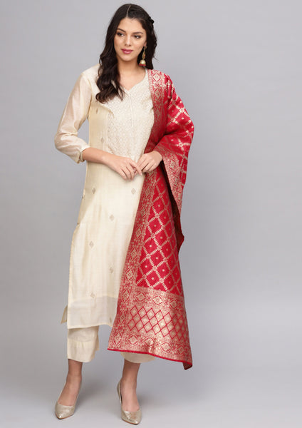 [Available] Cream Kurta Suit with Red Dupatta