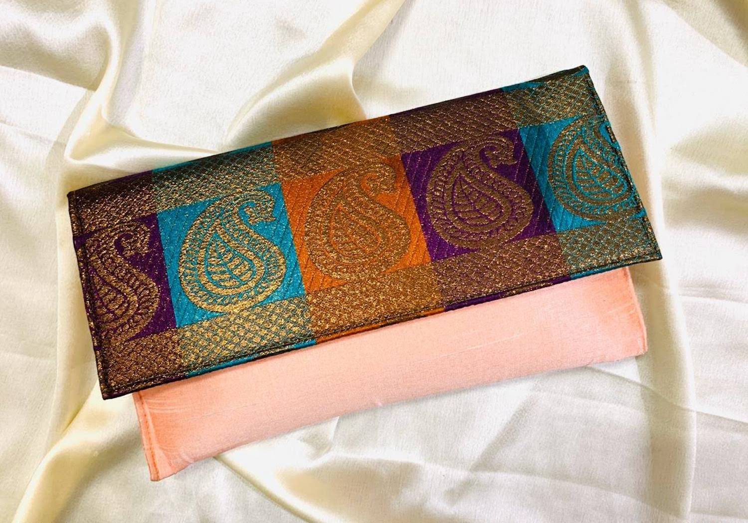 [Instock Item] Multicolour Peach Raw Silk Ladies Clutch Bag