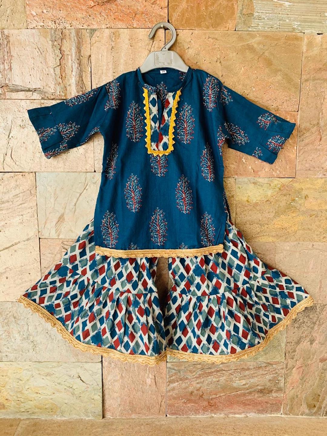 [Available] Girls Blue Designer Top with Multicolour Palazzo Set