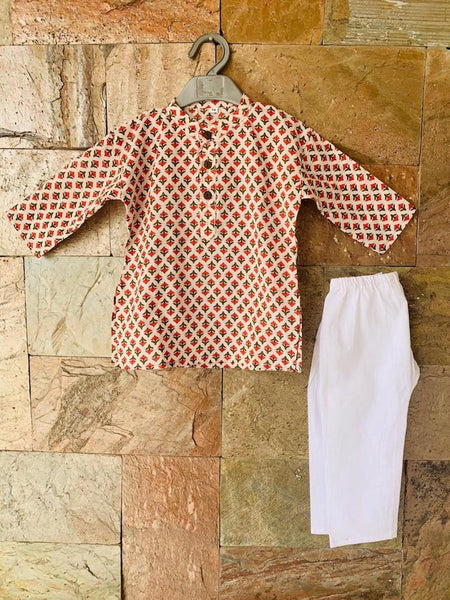 [Available] Boys Casual Wear Printed Kurta with White Pants Set