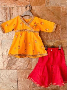 [Available] Girls Yellow Designer Top with Red Palazzo Set