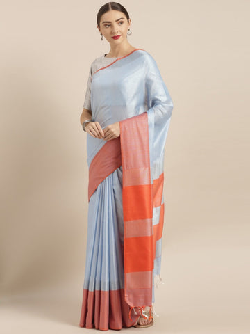 Metallic Blue & Orange Solid Border Saree [PreOrder]