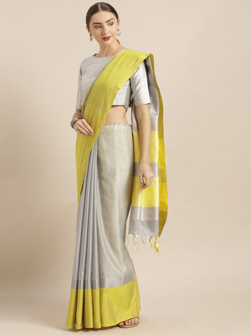 Silver & Yellow Green Solid Border Saree [PreOrder]