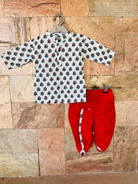 [Available] Boys Printed White Kurta with Red Dhoti Pants Set [ALL SIZES]