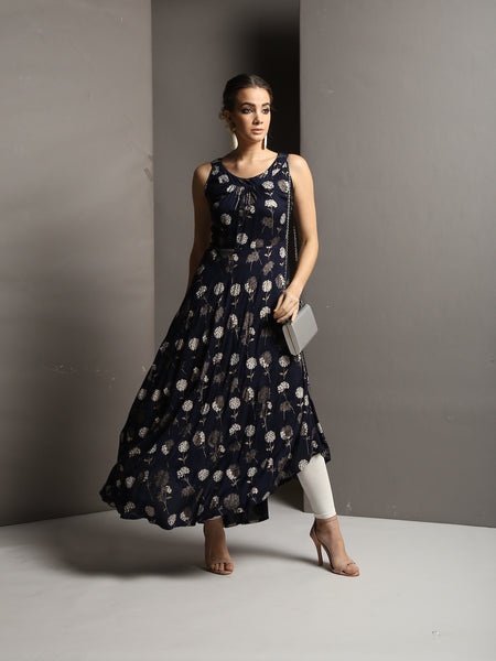 [Sold Out] Dark Navy Blue Printed Flared Maxi Dress [L]  - Last Piece