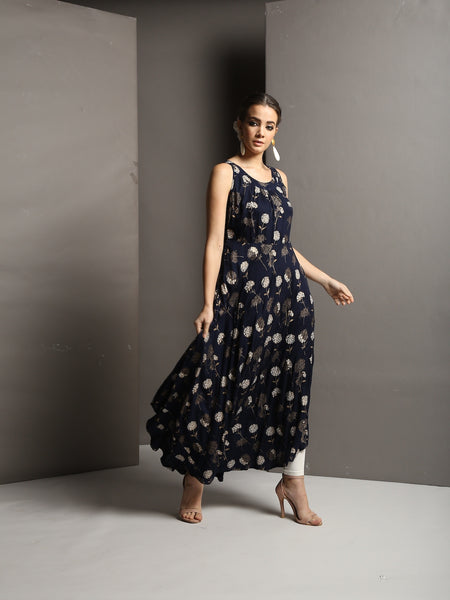 [Sold Out] Dark Navy Blue Printed Flared Maxi Dress [L]  - Last Piece