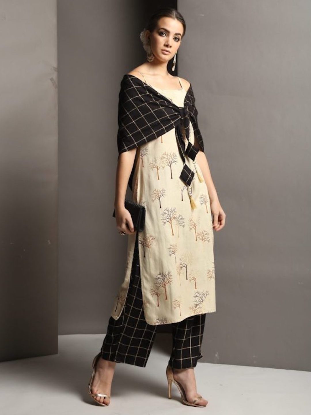 [Available] Beige Printed Straight Kurta with Black Palazzo and Shawl