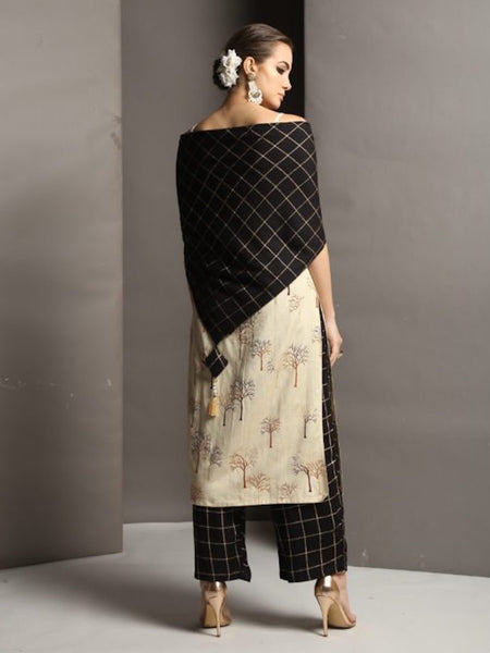 [Available] Beige Printed Straight Kurta with Black Palazzo and Shawl
