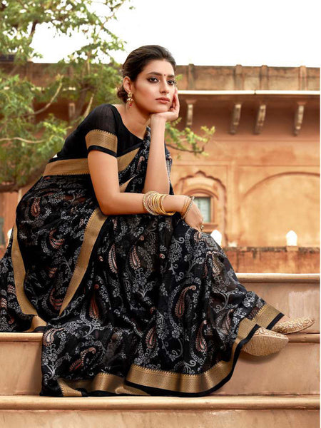 AVANTIKA: Black Floral Designed Saree with Solid Colour Blouse [soldout]