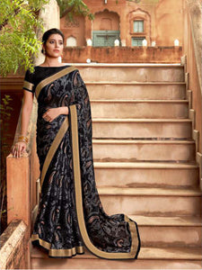 AVANTIKA: Black Floral Designed Saree with Solid Colour Blouse [soldout]