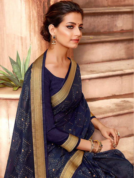 AVANTIKA: Navy Blue Patterned Designed Saree with Solid Colour Blouse [SoldOut]