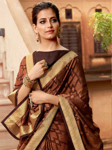 AVANTIKA: Brown Patterned Designed Saree with Solid Colour Blouse [Available]